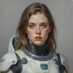 portrait of a scarred very beautiful woman with a large obvious scar across her cheek and lips, very very beautiful, wearing futuristic interstellar spacesuit, Alexandria's genesis, chin-length hair, bored, illustration, soft lighting, soft details, hyper realism, high detailed, painting oil on canvas by mark arian by artgerm, trending on artstation, 4k, 8k, HD