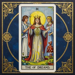 beautiful tarot card of the queen of dreams by carol bak and jacek yerka and dan mumford and alex gray, oil on canvas, intricate border, symmetrical, 8k highly professionally detailed, HDR, CGsociety