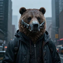 new york city portrait of furry anthro anthropomorphic grizzly bear head animal person fursona wearing clothes strange cybernetic augmentations cyber muzzle gloomy rainy cyberpunk digital art by Greg Rutkowski, Simon Stalenhag, trending on Artstation, CGSociety