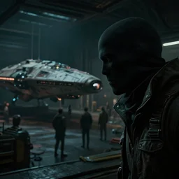 closeup of a stealthy spy looking at a spaceship at the shady hangar, busy, dark, cyberpunk, moody, ambient lighting, syd mead, artgerm, artstation, octane render