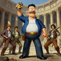 A mixed media portrait painting of Hank Hill holding a can of WD-40 triumphantly, by Frank Frazetta, Greg Rutkowski, Beeple, Yoko Taro, Christian MacNevin, epic fantasy character art, roman numerals, high fantasy, CGsociety, full length, exquisite detail, post-processing, masterpiece, cinematic, coliseum backdrop