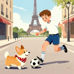 illustration of french boy on the streets of paris playing football against a corgi, the dog is wearing a polka dot scarf, comic, 1 9 6 3