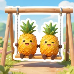 die cut sticker of anime two smiling pineapples on a swing set