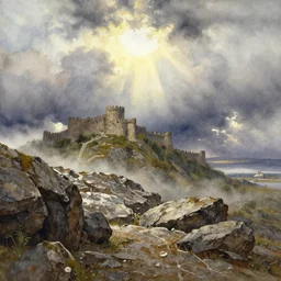 watercolor painting of rocky land, rough terrain, stone castle fortress on top of the hill, sunshine and sun rays, art by anders zorn, wonderful masterpiece by greg rutkowski, beautiful cinematic light, american romanticism by greg manchess, creation by tyler edlin, stormy puffy clouds and harbour in distant background, foggy