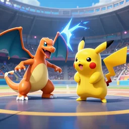Pikachu (right) Charizard (Left), Pikachu using thunderbolt, Pokemon battle, octane rendered unity engine, stadium epic