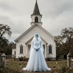 picture of ghostly bride in front of an old wooden white church, 1 9 th century southern gothic scene, made by achenbach, andreas