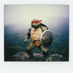 a badass turtle fighter animal anthropomorphic with red bandana on his eyes, protectors on elbows and a shield made out of a turtle shell, on deep forest peak, cinematic focus, polaroid photo, vintage, soft lights, foggy, by oleg oprisco, by thomas peschak, by discovery channel, by victor enrich, by gregory crewdson
