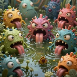 intricate colourful murky pond with strange cute friendly angry crazy creatures with huge eyes long tongue triangle teeth and scary face appearing from the water, in the style of craola, macro lens, shallow depth of field, highly detailed, digital painting, trending artstation, concept art, illustration, cinematic lighting, vibrant colors, photorealism, epic, octane render