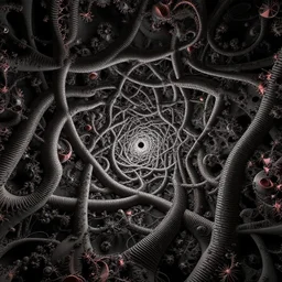 3d fractal wallpaper by Escher, geometrical figures, math, 3d effect, picture through the screen, spirals tubes roots, completely filled space, psychedelic!!, 3d fractal background, digital art, high details, depth of field, hard lighting!, trending on artstation, deviantart, octane render, HD, (((Low light))), 8k, eric zener, zdzisław beksiński, dark background
