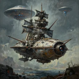 scifi explore journey, highly detailed surrealist painting, by michael divine by yvonne mcgillivray by michael divine by mandy jurgens by michael divine, moody color palette, very very very beautiful, pirate space craft, ufo, alien ship