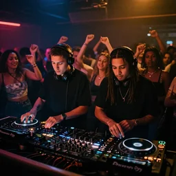 a dj and rapper in a club with people dancing around, cinematic lighting, establishing shot, art by jordan grimmer