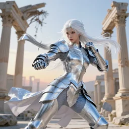 white hair knights of zodiac girl, sliver ice color reflected armor, kung fu fighting and kickboxing in ruined agora of athens sunrise, ssci - fi and fantasy, intricate and very very beautiful and elegant, highly detailed, digital painting, artstation, concept art, smooth and sharp focus, illustration, art by tian zi and wlop and alphonse mucha