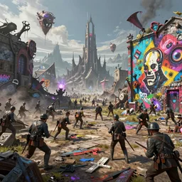a high fantasy ww 1 battlefield full of corrupted magic, street art, mural, dripping paint, spray paint, colorful, neon, tones of black in background, light blue foreground, high contrast, technicolor, 2. 5 - dimensional, 2. 5 d