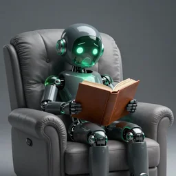 futuristic lonely matte dark gray and glossy translucent green full-body humanoid robot with huge expressive comically sad LED eyes and open rectangular mouth sitting on a large comfortable cushioned vintage recliner reading a hardbound leather book. Cinematic Lighting, Cinematic Movie Photograph, Arri Alexa, Extremely Detailed, smooth, very very clean, simple, 8K, octane render, maya render, unreal engine, trending on artstation, DSLR, excellent composition, moody