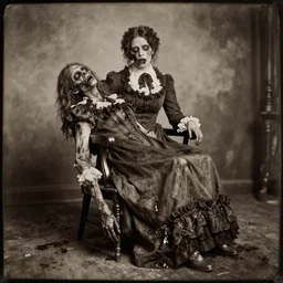rotting corpse, zombie woman dressed in victorian style clothes sitting in old chair, wet plate photography, amazing background, sepia, photorealistic