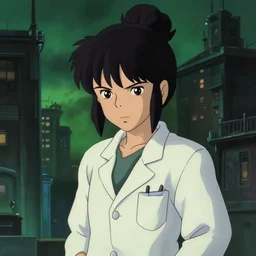 a full body portrait of a 1 9 9 0's disney girl grumpy detective wearing lab coat with short black hair with bun and fringes working in a paranormal city, finely detailed features, city, closeup, green light, grimdark, gapmoe yandere, trending on pixiv fanbox, painted by greg rutkowski makoto shinkai takashi takeuchi studio ghibli, aki