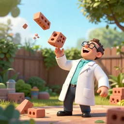 a mad scientist in a back yard laughing happily at the cinder blocks which are falling from the sky , made by Stanley Artgerm Lau, WLOP, Rossdraws, ArtStation, CGSociety, concept art, cgsociety, octane render, trending on artstation, artstationHD, artstationHQ, unreal engine, 4k, 8k,