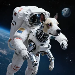 cybernetic dog as an astronaut doing a space walk, highly detailed