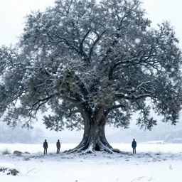 A landscape with a giant oak tree in a snowstorm, Low level, rendered by Beeple, Makoto Shinkai, syd meade, simon stålenhag, environment concept, synthwave style, digital art, unreal engine, WLOP, trending on artstation, 4K UHD image, octane render,