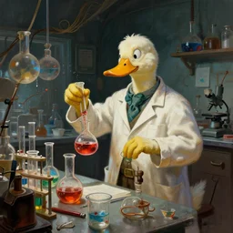 a duck mad scientist, lab coat, mixing potions in a rundown chemistry lab, by greg rutkowski and frank frazetta, intricate, artstation, cinematic, style of magic : the gathering