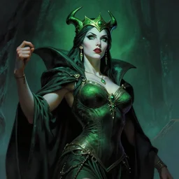 mighty female necromancer sorceress, green tiara, strong line, deep color, beautiful! coherent! by frank frazetta, by brom, low angle