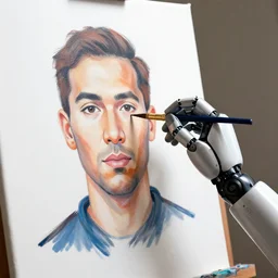 a robot hand painting a self portrait on a canvas
