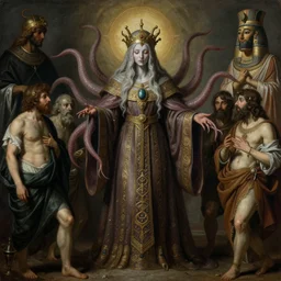 lovecraftian cthulhu priestess with tentacles and ornate robes portraiture matte painting by peregrino, tintoretto, van dyke, peter paul rubens, jean baptiste greuze, giovanni battista piazzetta, fayum, diego velazquez trending on artstation, highly detailed,