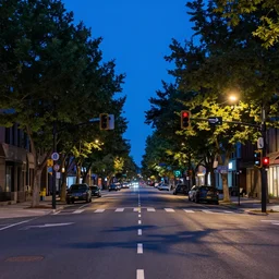 boulevard, median with trees, uptown, liminal space, traffic lights, blue hour