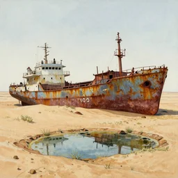 an abandoned rusty cargo ship in the desert, in the foreground a small oasis, impasto, extremely detailed line art and watercolor by kim jung gi, wide view, rule of thirds