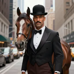 a gangster horse wearing a tuxedo and bowler hat in downtown new york. trending on artstation, highly detailed award - winning digital art