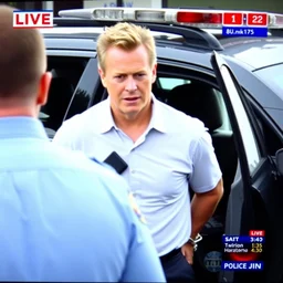 vince mcmahon jr. in handcuffs, being lead to a police car, live news television,