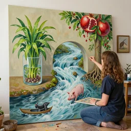 a female art student in her apartment, river flowing through a wall, plants in glass vase, water, river, rapids, pig, buttress tree roots, canoe, pomegranate, berries dripping, acrylic on canvas, surrealist, by magritte and monet