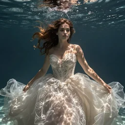 underwater photo of a woman in a wedding dress, sunny, dappled light, intricate patterns, muted colors, flowing hair, airbubbles, by mira nedyalkova, julian colston, isabel emrich