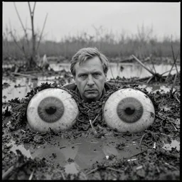 movie still by tarkovsky of big eyeballs in mud, swamp backround, cinestill 8 0 0 t 3 5 mm b & w, heavy grain, high quality, noir, natural textures, photorealistic, ambient occlusion, hd, ultra wide lens, anamorphic