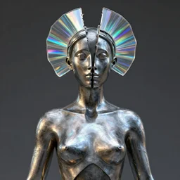 metal sculpture, female figure with chest opening up towards the viewer, head splitting open down the center, symmetrical and iridescent glass, rainbow reflections, style of ivan black, jack storms yunchul kim anthony howe, octane render, 4 k