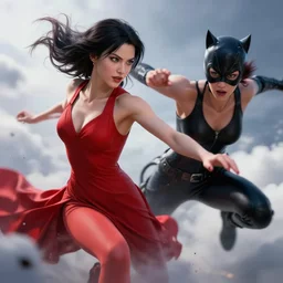 epic scene of ( most gorgeous character hyper detail in amazing detail red dress, beautiful hyper detail face, detail ) ( fighting ) ( catwoman in a black tank top, detailed face ), hyper realistic 3 d render, art station, particles, epic scene, mucha, clouds, jump pose, blur focus, action,