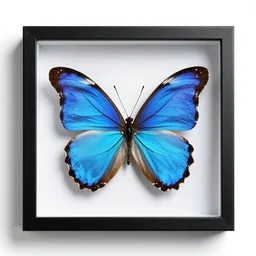sapphire blue butterfly specimen in frame, stylized 3d render, isolated on a pure white background, centered, entire object in frame, sharp focus, soft studio lighting