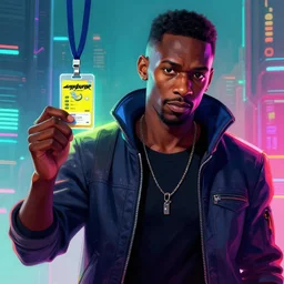 a cyberpunk donald glover man holding a id card in his hand, short hair, a character portrait, synthwave by art artgerm, cg society contest winner, shock art, sci - fi, artstation hq, speedpainting