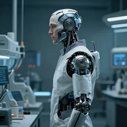 a laboratory operator man with cybernetic enhancements seen from a distance, halfbody shot, scifi character portrait by greg rutkowski, craig mullins, daytoner, cinematic lighting, dystopian scifi gear, profile picture, mechanical, cyborg, half robot