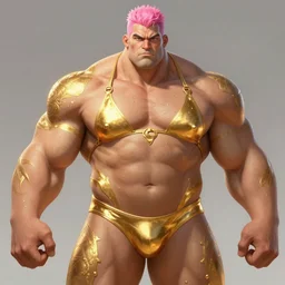painted realist portrait of thick rugged roided sensual bodybuilder zarya from overwatch wearing swimsuit gold paint by ruan jia greg rutkowski, [ short pink hair ] clear face majestic muscular physique beautiful powerful handsome robe fantasy intricate elegant detailed digital painting concept art artstation sharp focus illustration