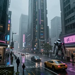 rainy futuristic tokyo neon city with futuristic vehicles and robots, cyberpunk, megacity, sci-fi, matte painting, concept art, style by dylan cole