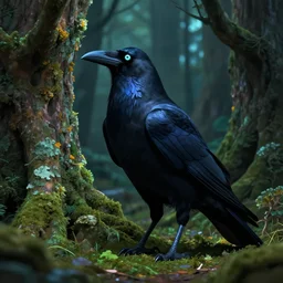 female raven yokai in the lichen woods. safe for work, complementary colors, anime still, luminescent, 3 d render, 4 k, chiaroscuro.