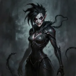 dark portrait painting of tracer from overwatch, in style of zdzisław beksinski, scary, horror, overwatch tracer character, look of disgust, detailed face, dressed in dark garment, black tendrils, tall,