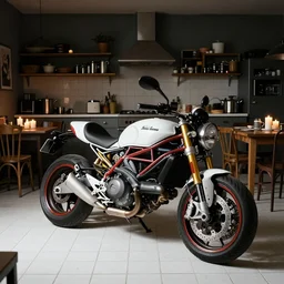 huge ducati panigrale motorbike, standing in cluttered cozy kitchen, darkroom, candles, chairs and tables, motorbike, white tile on the floor, overexposed, by paolo pellegrin, by trent parke, prize winning photo, cinematic