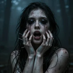 I feel these needles in my skin like savage wrath, She holds me in her arms I'm drifting in the dark,This fever of my heart this burning fever drag, Every breath I take will make you hunt me more, I have no tongue to scream, My eyes deluded black, hyperrealistic, grunge, dark, mysterious, 4k, trending on artstation
