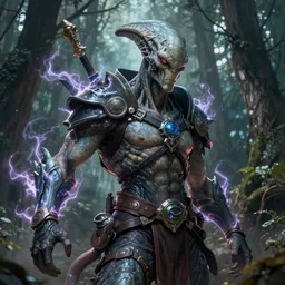 A hyper real comic book style portait painting of a godlike alien creature with eletric energies in the woods, unreal 5, hyperrealistic, octane render, cosplay, RPG portrait, dynamic lighting