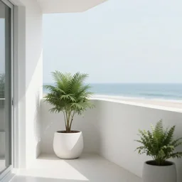 zen minimalist clean modern white plant balcony, soft - light, cool, overlooking beach