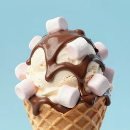 ice cream sunday, delicious, glistening, chocolate sauce, marshmallows, highly detailed, super micro, octane render, 8 k, 3 d rendering, close - up view
