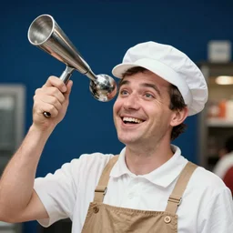 ice cream man holding a silver scoop up in the air near his face, wearing a white soda jerk hat, smiling cheerfully, chesley bonestell, vincent di fate