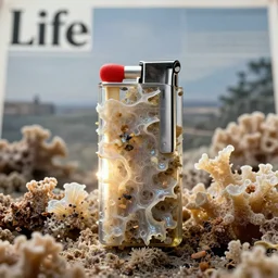 realistic product photo of a match covered in shriveling dead semi - translucent iridescent coral reef, emitting aura, the lighter is designed by dieter rams, 1 9 6 0, life magazine photo, natural colors, metropolitan museum, kodak, 8 k, very detailed, high resolution, product photo,